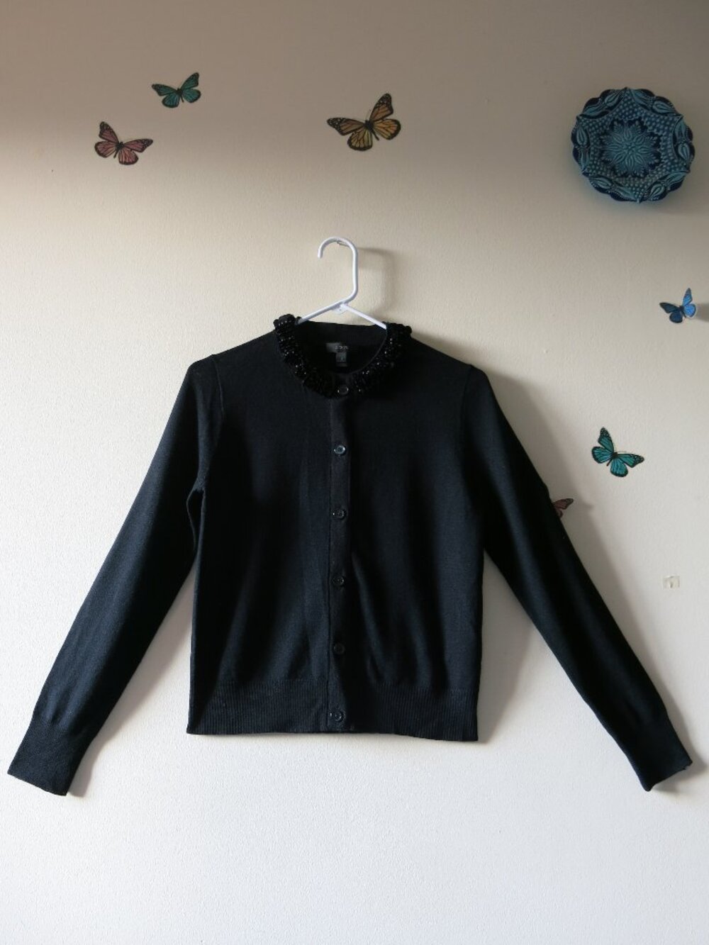 J. Crew Black Beaded Sequins Collar Button Down Fine Merino Cardigan Size S/M